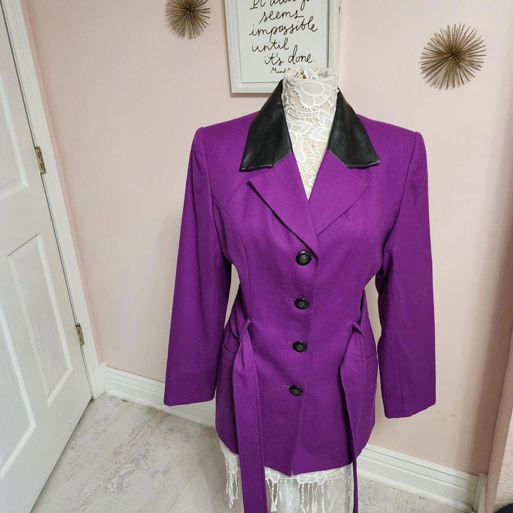 LKNW Vintage Gantos wool Faux leather like collar purple long belted 12 - Picture 2 of 9